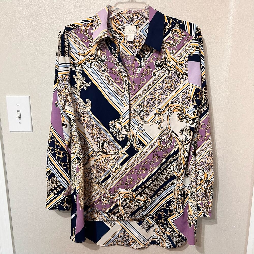 Chico’s Button up Long Sleeve Geometric Print Women’s Blouse Sz 1(Med)‎ Stretch